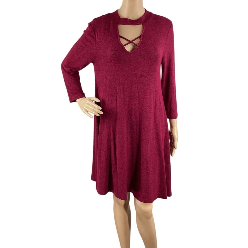 Alya Burgundy Crisscross Neck Swing Dress Medium